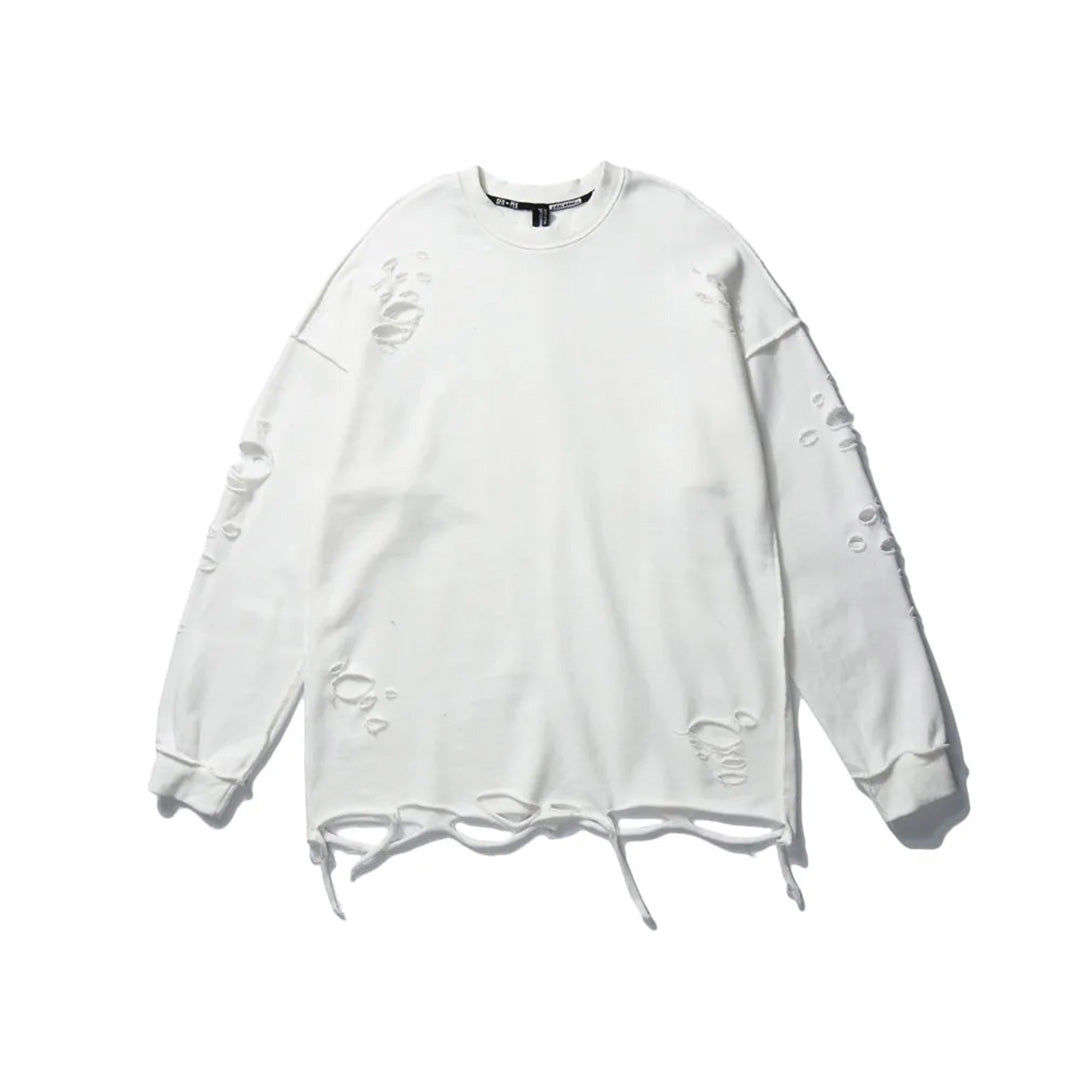 Dune unisex loose-fit distressed cotton sweatshirt with subtle ripped accents layering essential