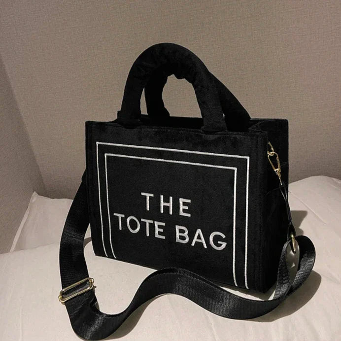 Urbann-Vibe velour tote bag with signature letter print, spacious interior, plush sheen finish