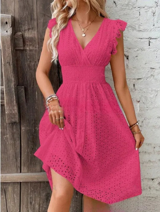 White eyelet A-line summer dress with smocked waist, V-neck, and breathable cutout texture