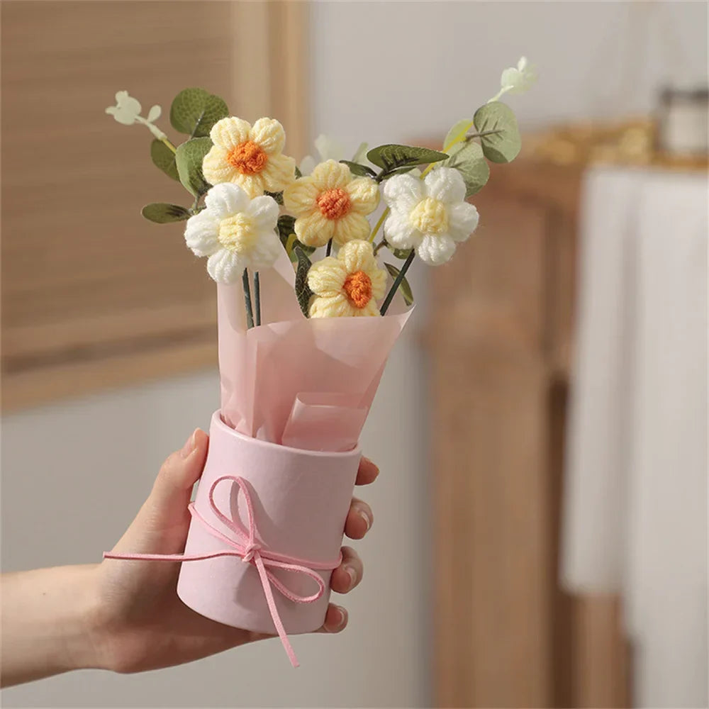 Handcrafted knitted flower bouquet ultra-soft plush blooms in vibrant colors for home decor gifting