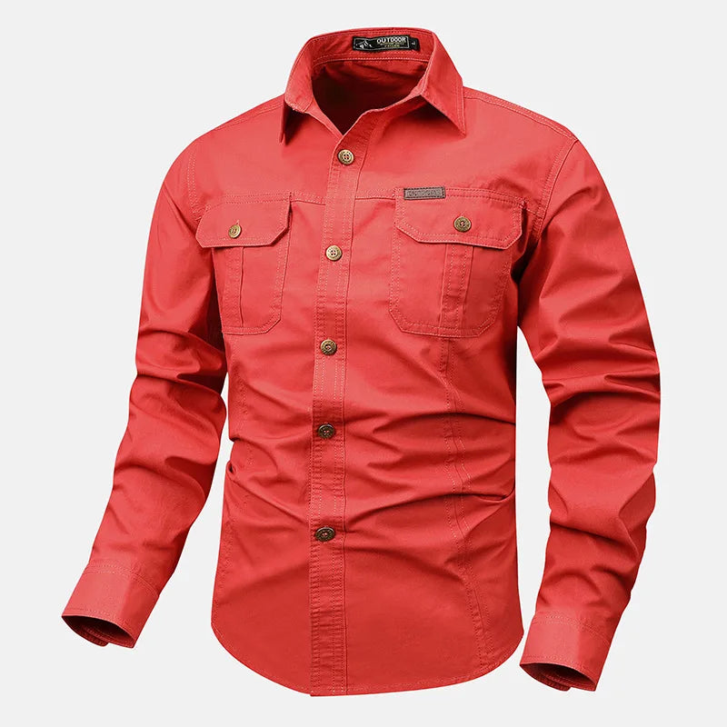 Men's olive utility button-down shirt with rugged fabric, multiple cargo pockets, relaxed outdoor fit