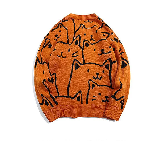 Beige relaxed crewneck knit sweater with bold cat motif print, cozy soft knitwear for cat lovers