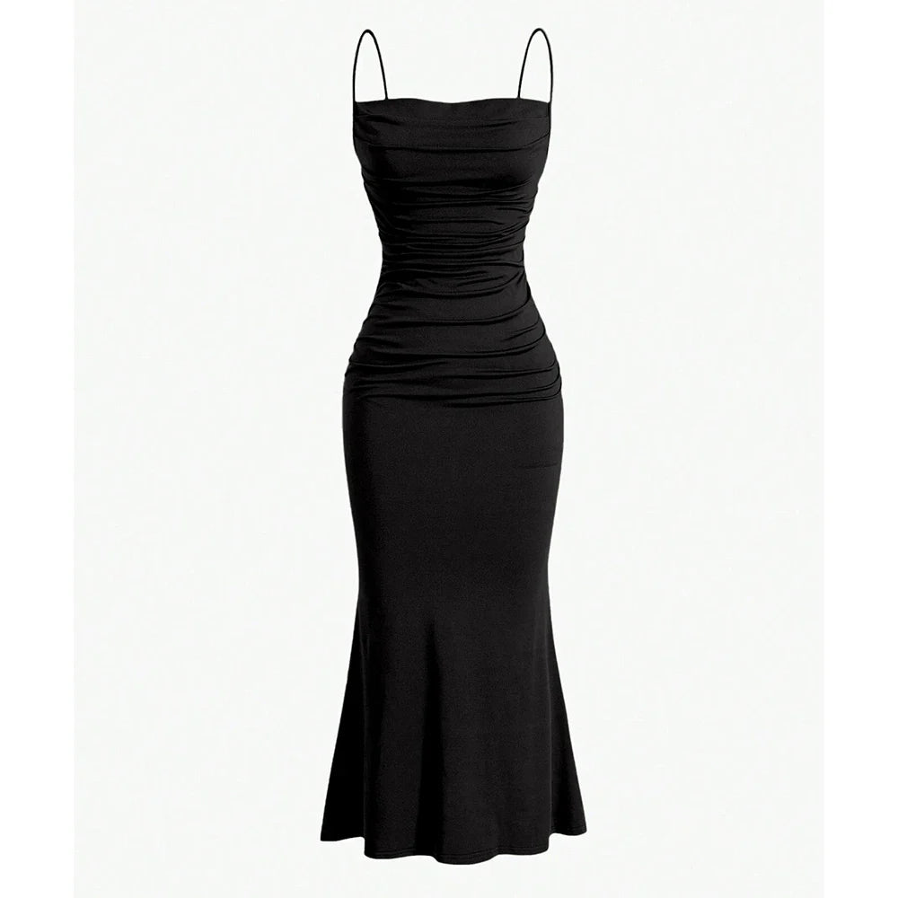 Anna draped maxi dress stretch fabric ruched bodice soft neckline slim flared silhouette women