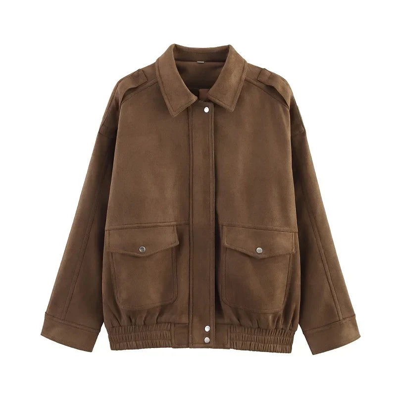 Women's streetwear bomber jacket structured silhouette snap buttons flap pockets urban casual style