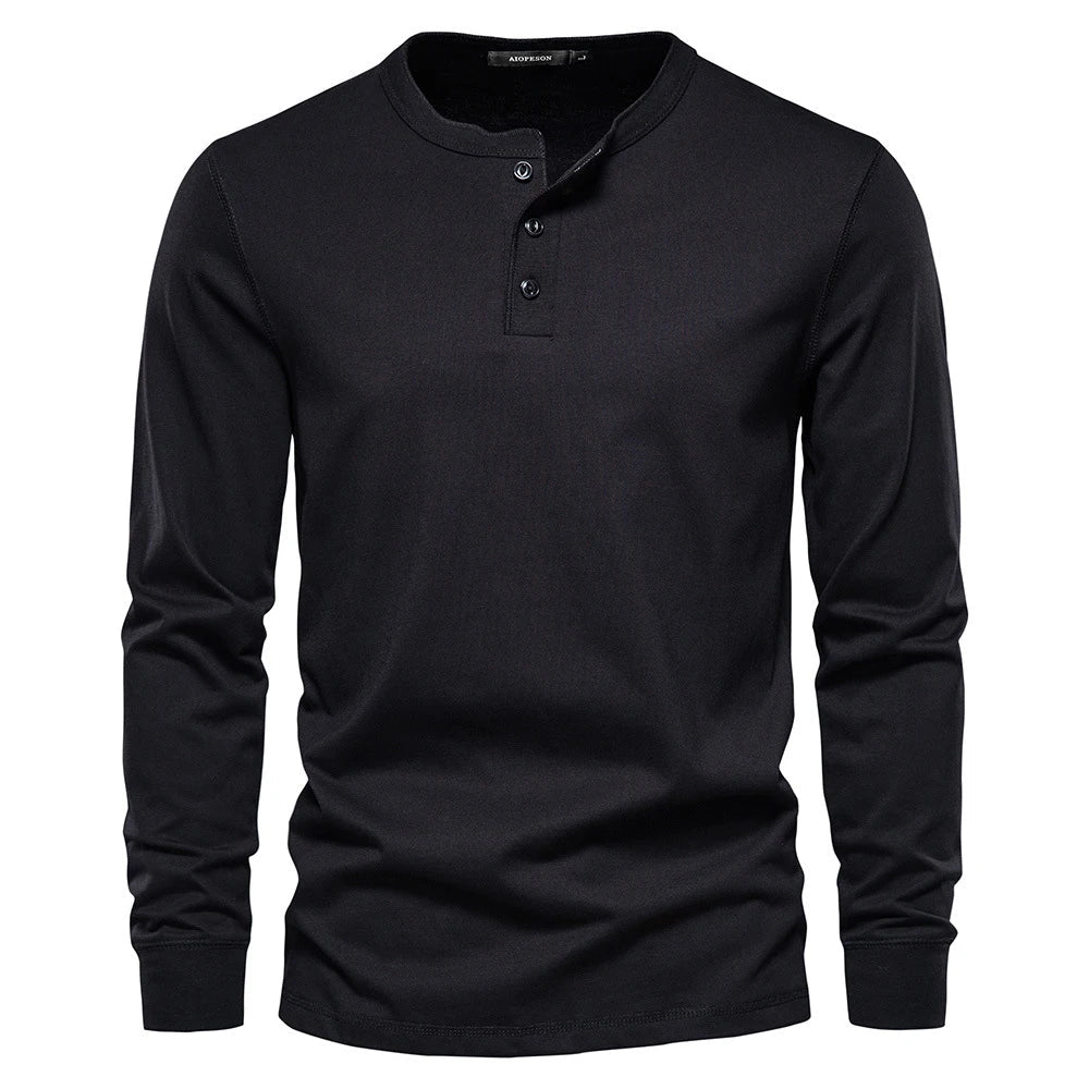 Men's long-sleeve henley shirt relaxed fit classic button-up neckline soft breathable fabric casual style