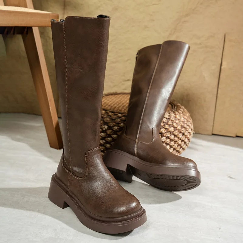 Julia women's brown leather knee-high boots with comfortable block heel for everyday elegant style