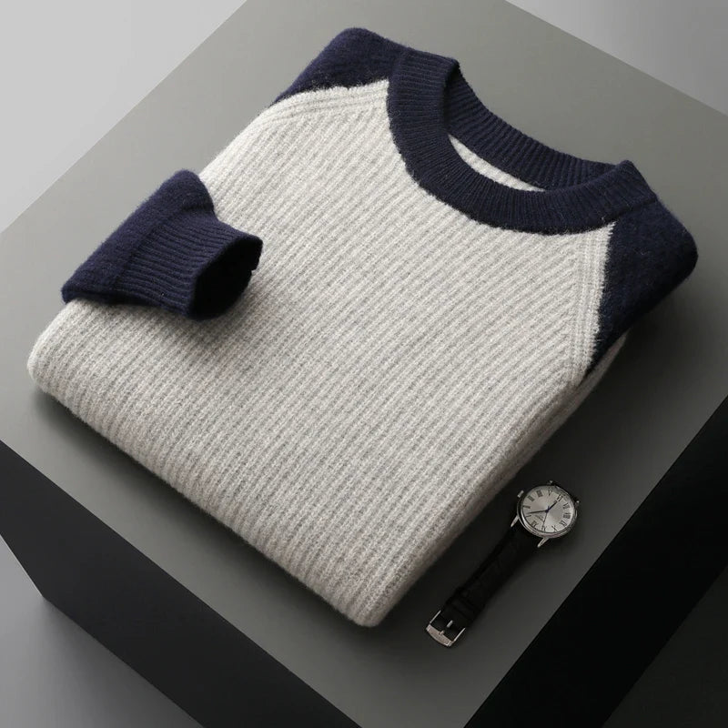 Men's two-tone knit sweater crew neck dark contrast sleeves light ribbed body smart-casual fit