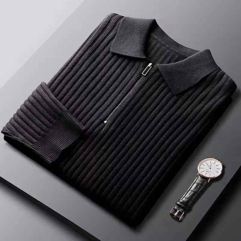 Men's gray ribbed zip sweater modern slim fit premium knit with textured ribbing and zip neckline