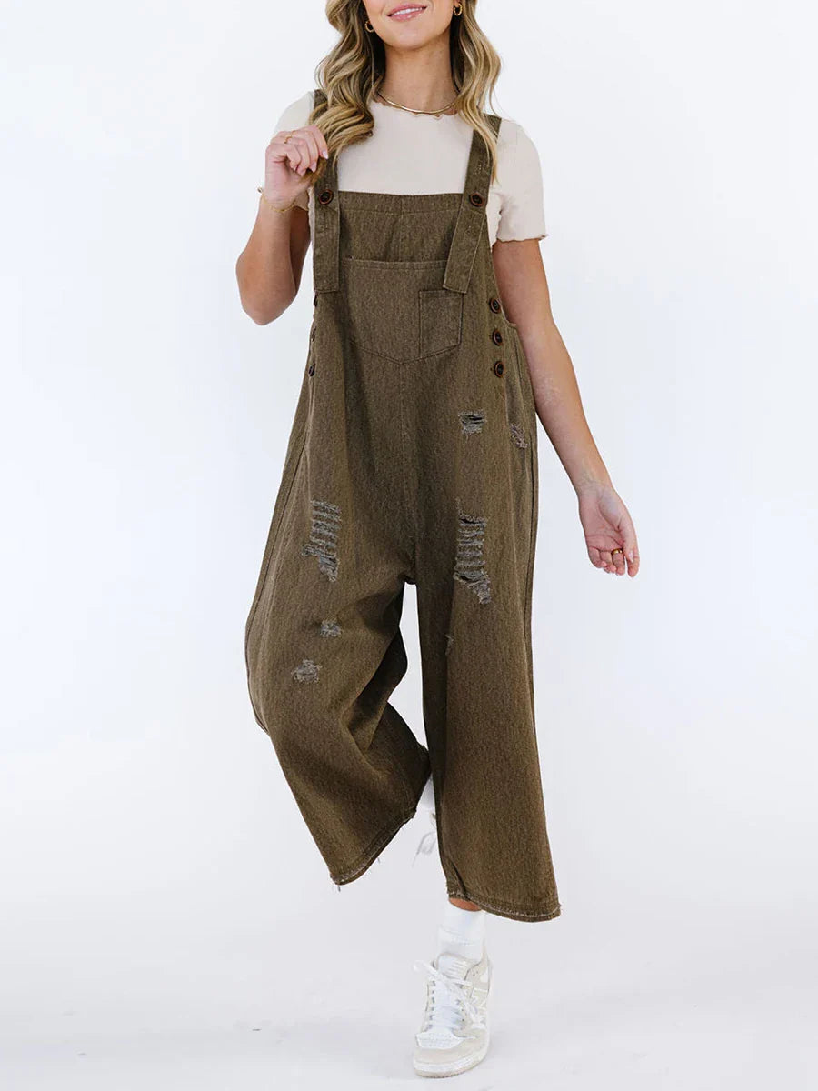 Hazel washed denim overalls women relaxed wide-leg fit adjustable straps raw-edge distressing