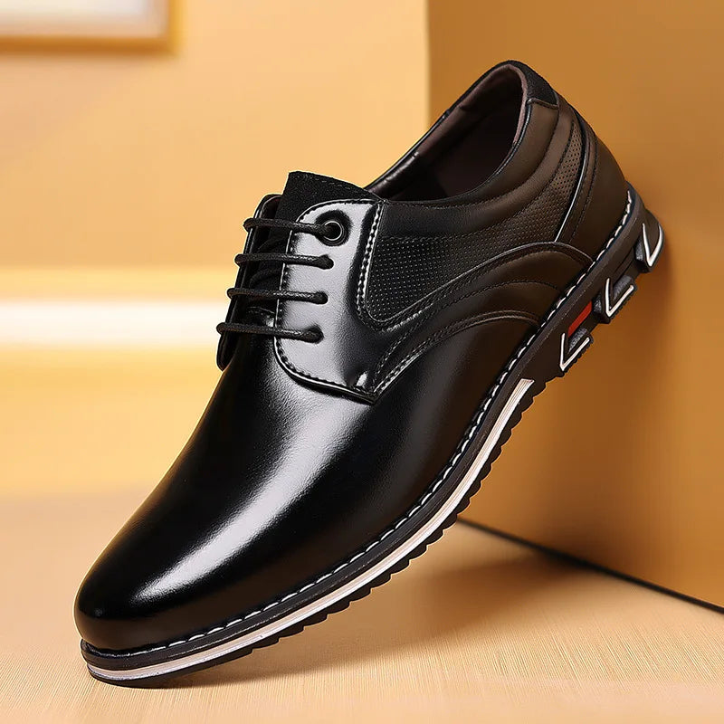 Men's black faux leather lace-up oxfords with perforated panels and cushioned insole