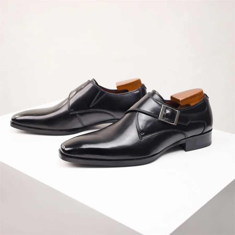 Men's brown full-grain leather Italian monk strap shoes with buckle closure handcrafted comfort sole