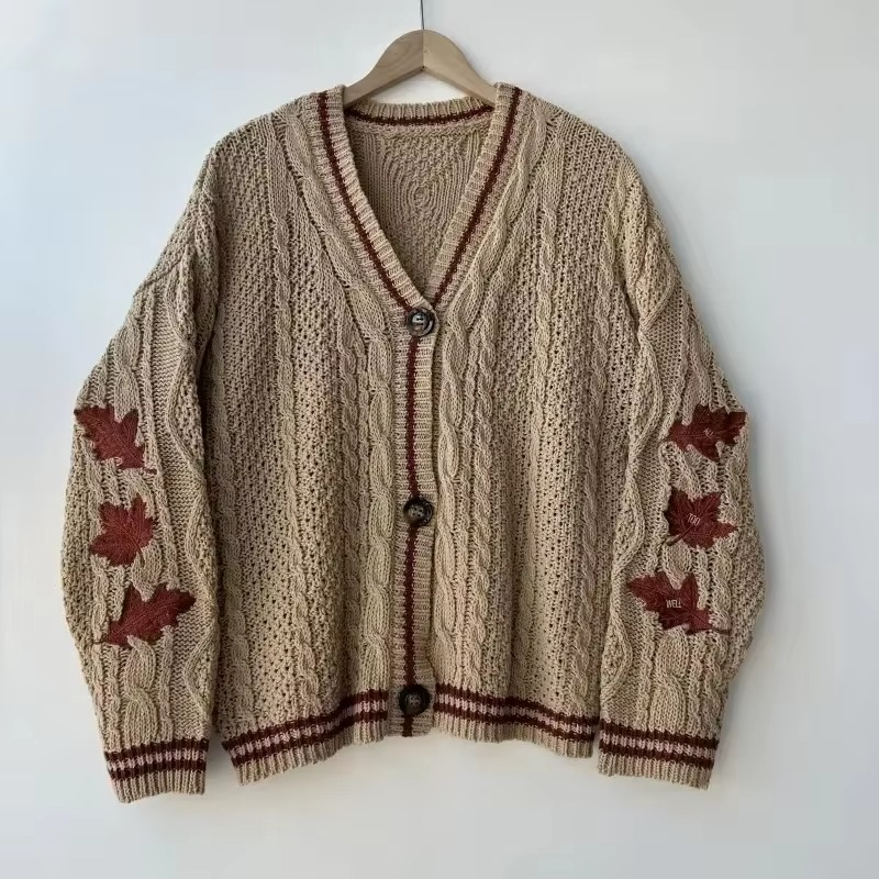 Women's autumn red maple leaf embroidered midweight knit cardigan with cozy seasonal charm