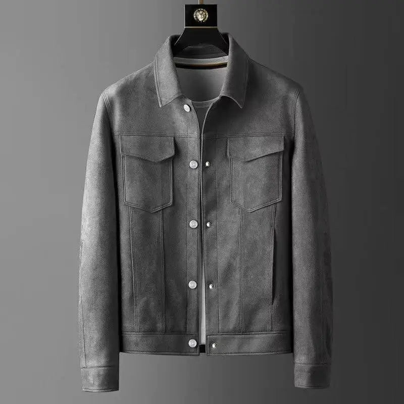 Men's brown suede slim fit jacket with polo neck collar and faded natural finish