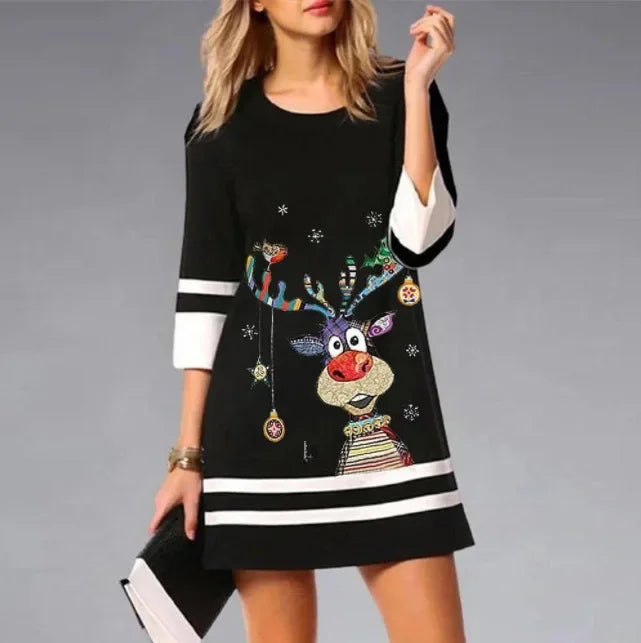 Women's winter mini dress long sleeve with shimmering deer motif, warm festive style