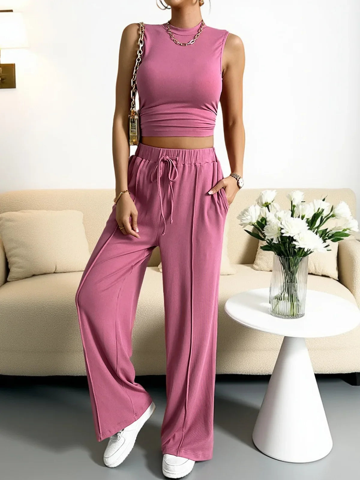 Women's lightweight two-piece pants set sleeveless top relaxed-fit trousers breathable polyester travel outfit