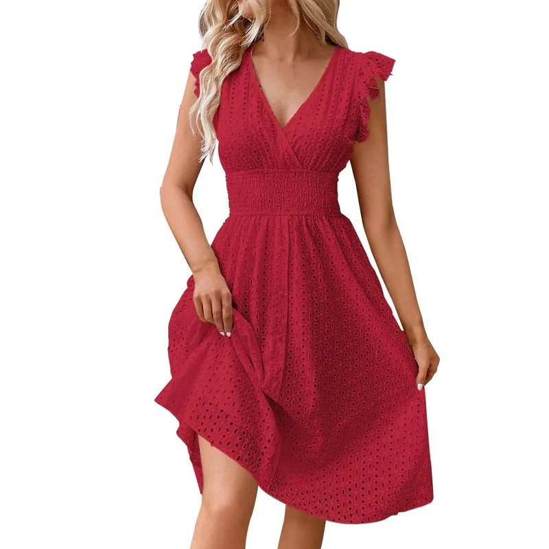 White eyelet A-line summer dress smocked waist V-neck lightweight beach vacation style women