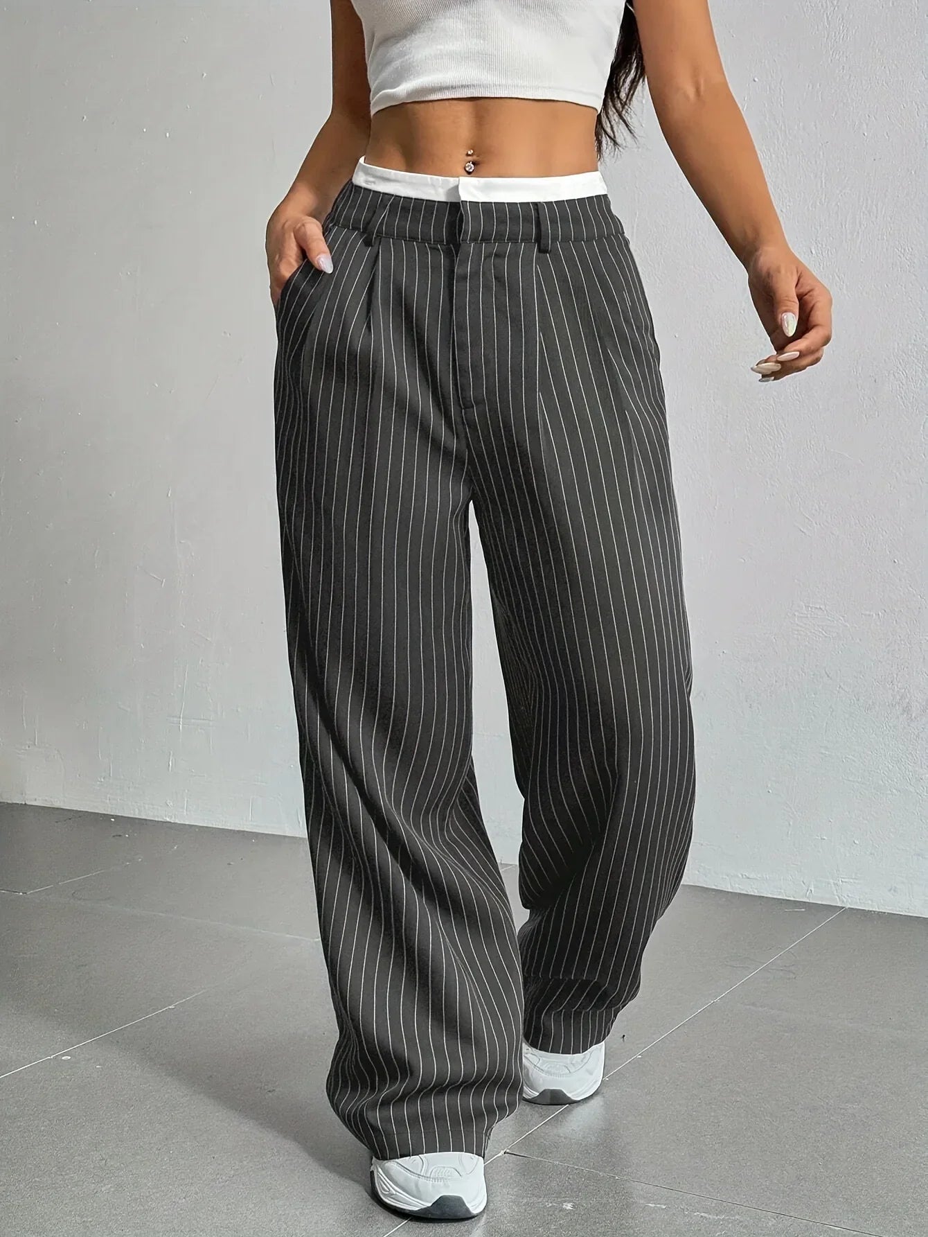 Women's high-waist pinstripe dress pants with slight stretch tailored fit for desk-to-dinner style