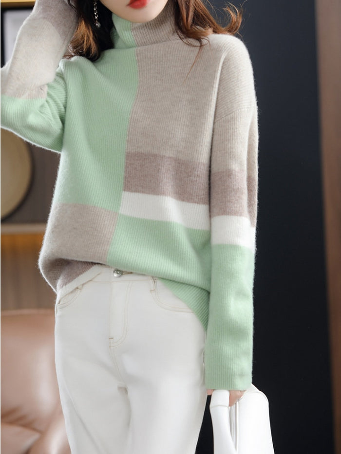 Women's patterned turtleneck sweater, soft luxurious knit, relaxed fit with textured cozy design