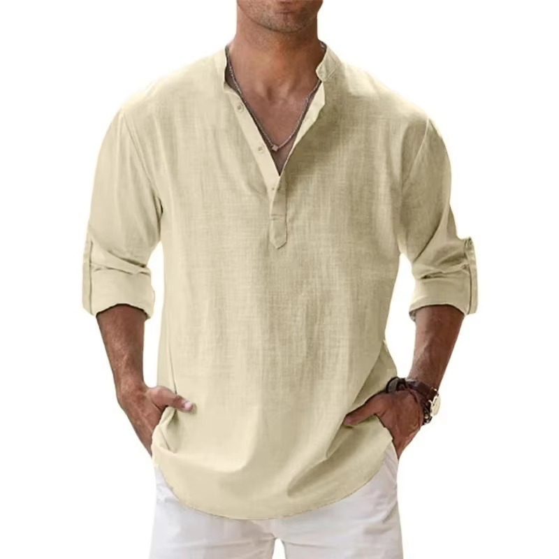 Men's beige cotton linen Henley shirt, long sleeve summer style with three-button placket