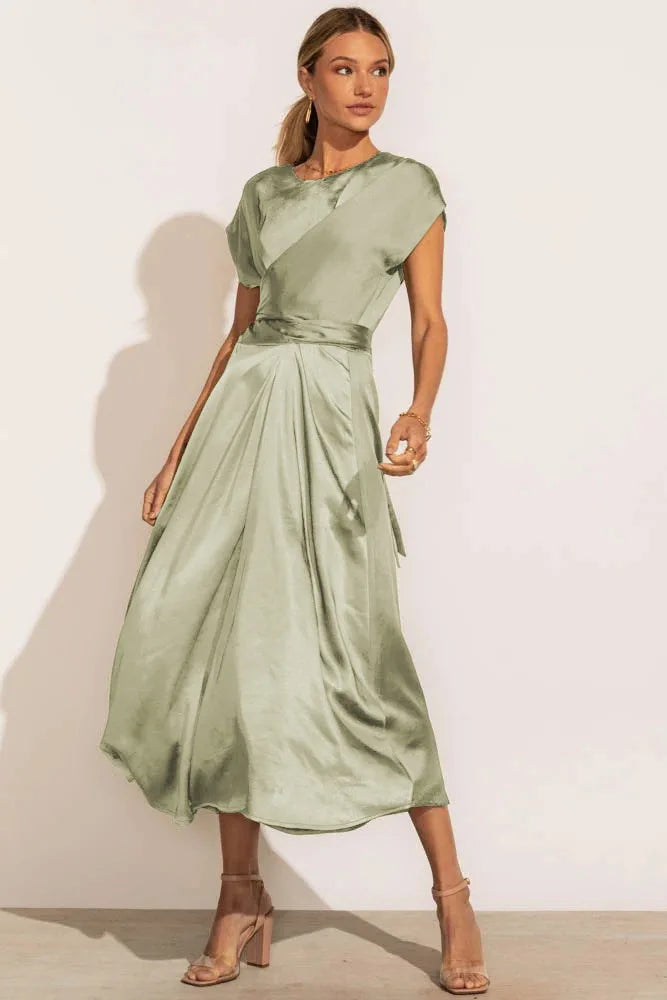Women's satin-look midi dress with V-neck wrap, A-line silhouette, and elegant draping finish