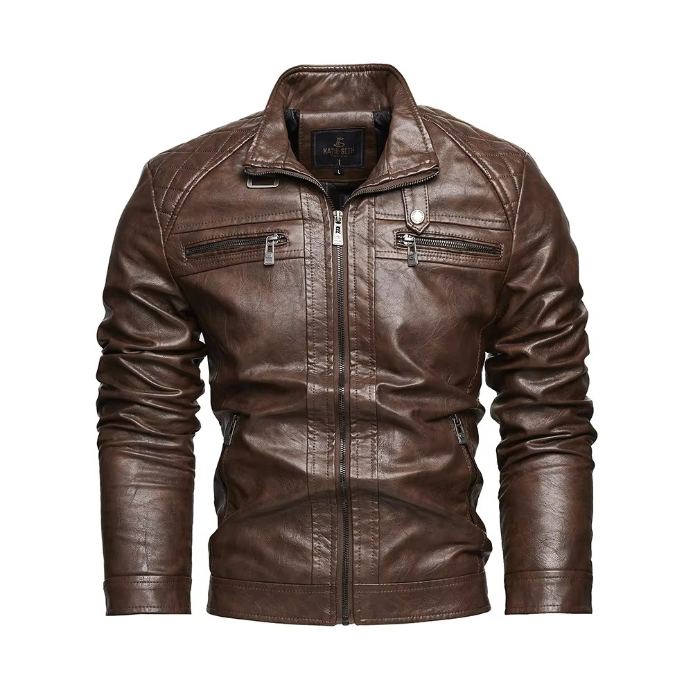 Men's vintage brown PU leather moto jacket stand collar biker coat slim fit fall winter warmth