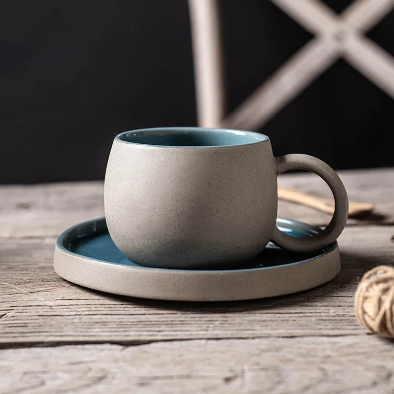 Terra ceramic stone coffee cup with saucer, matte textured finish, ergonomic handle, 300ml