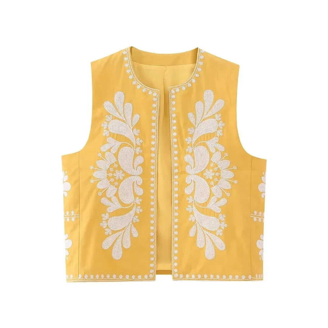 Women's sleeveless floral embroidered vest elegant layering top with intricate feminine detailing
