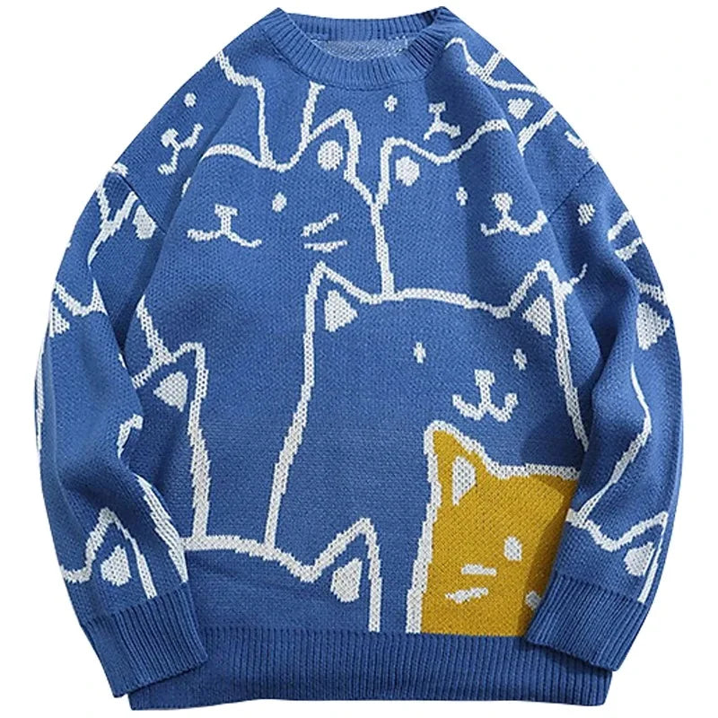 Soft knit crewneck sweater with bold cat motif pattern, relaxed fit for cozy cool-weather style