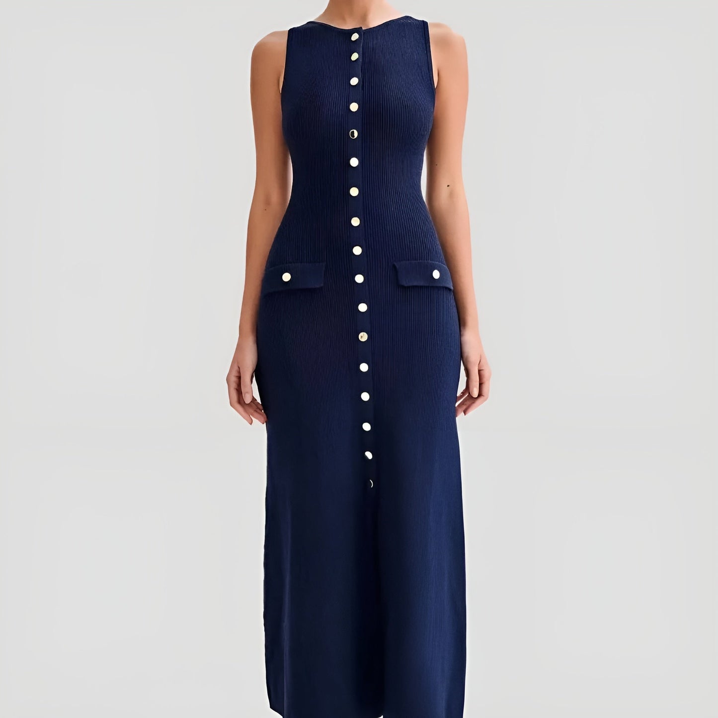 Valentina black full-length A-line knitted dress with figure-skimming waist and graceful flare