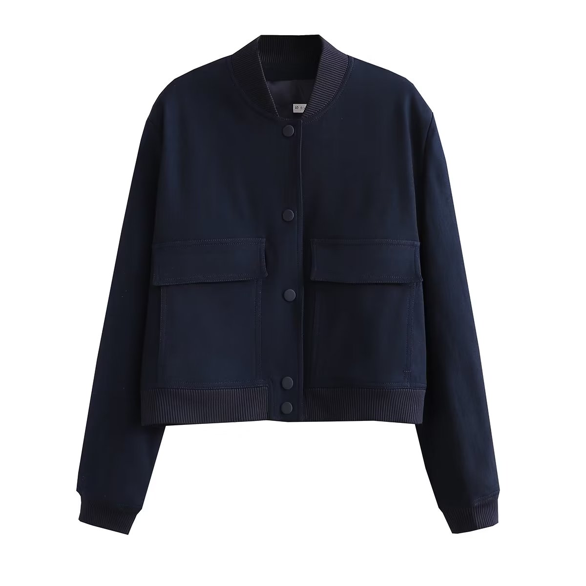 Women's cropped bomber jacket structured silhouette with oversized utility pockets for effortless layering