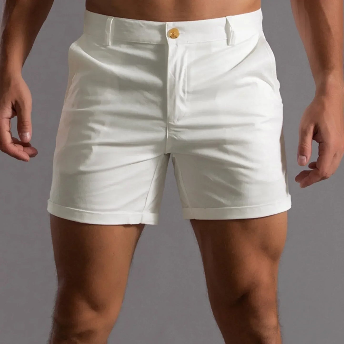 Men's mid-length tailored stretch shorts neutral tone semi-elastic waistband relaxed fit casual style