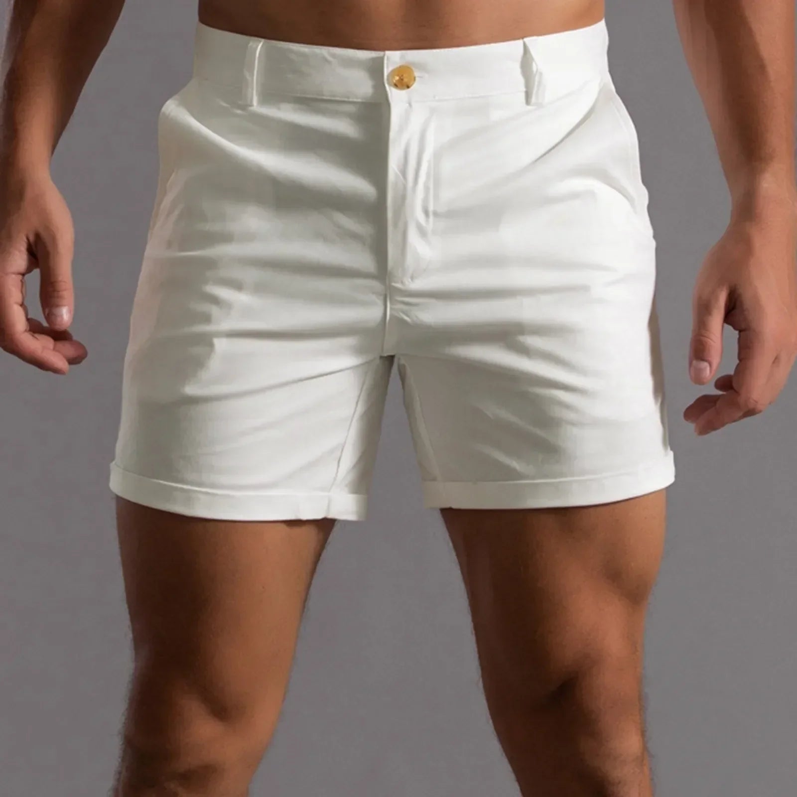 Men's mid-length tailored stretch shorts neutral tone semi-elastic waistband relaxed fit casual style