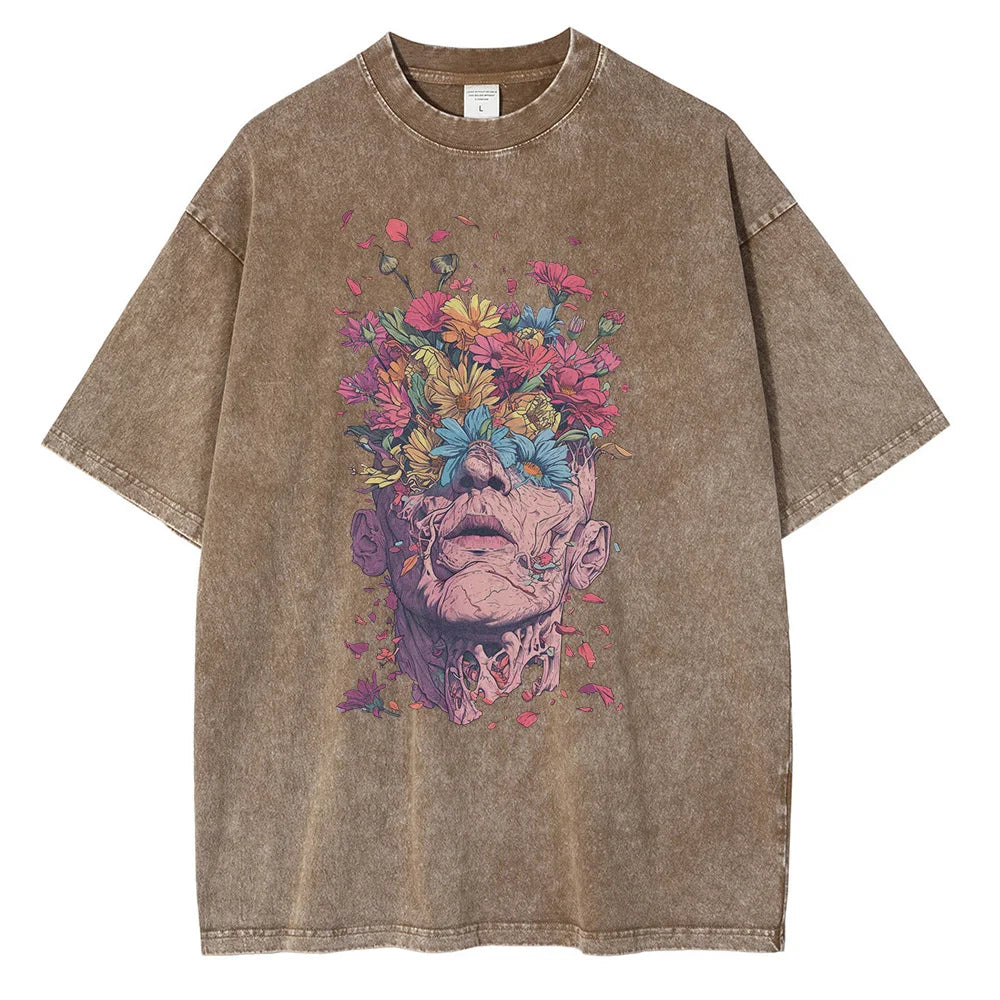 Men's white oversized graphic tee with intricate Titan Bloom floral print, premium breathable cotton