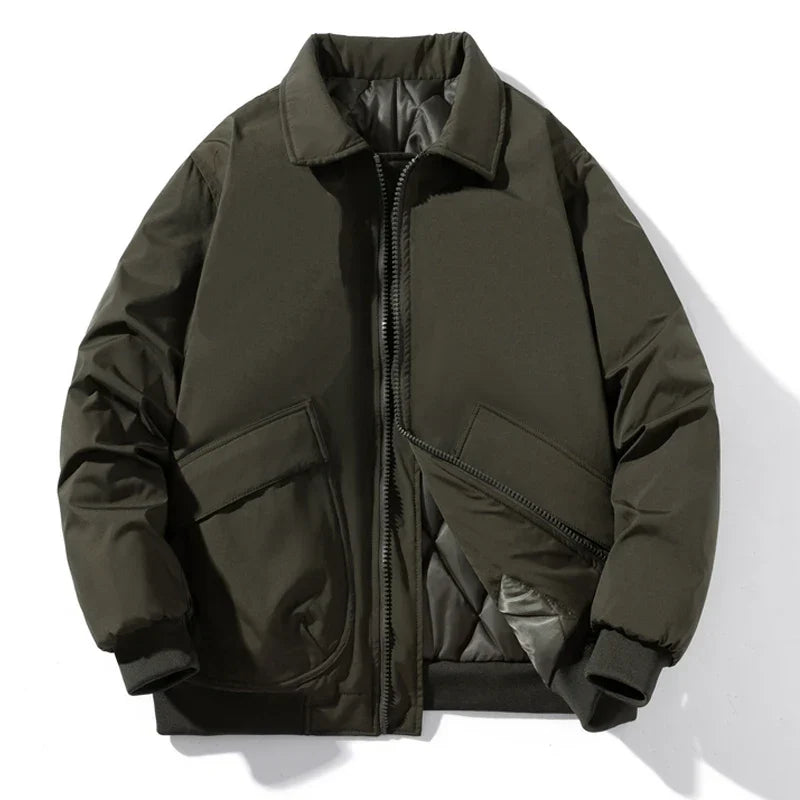 Black quilted lined bomber jacket streetwear style with cargo pockets and insulated windbreaker shell