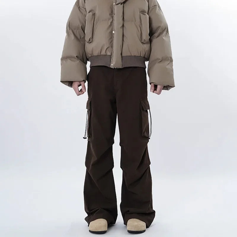 Deep-tone baggy carpenter pants slight flare hem relaxed fit durable cotton blend urban workwear