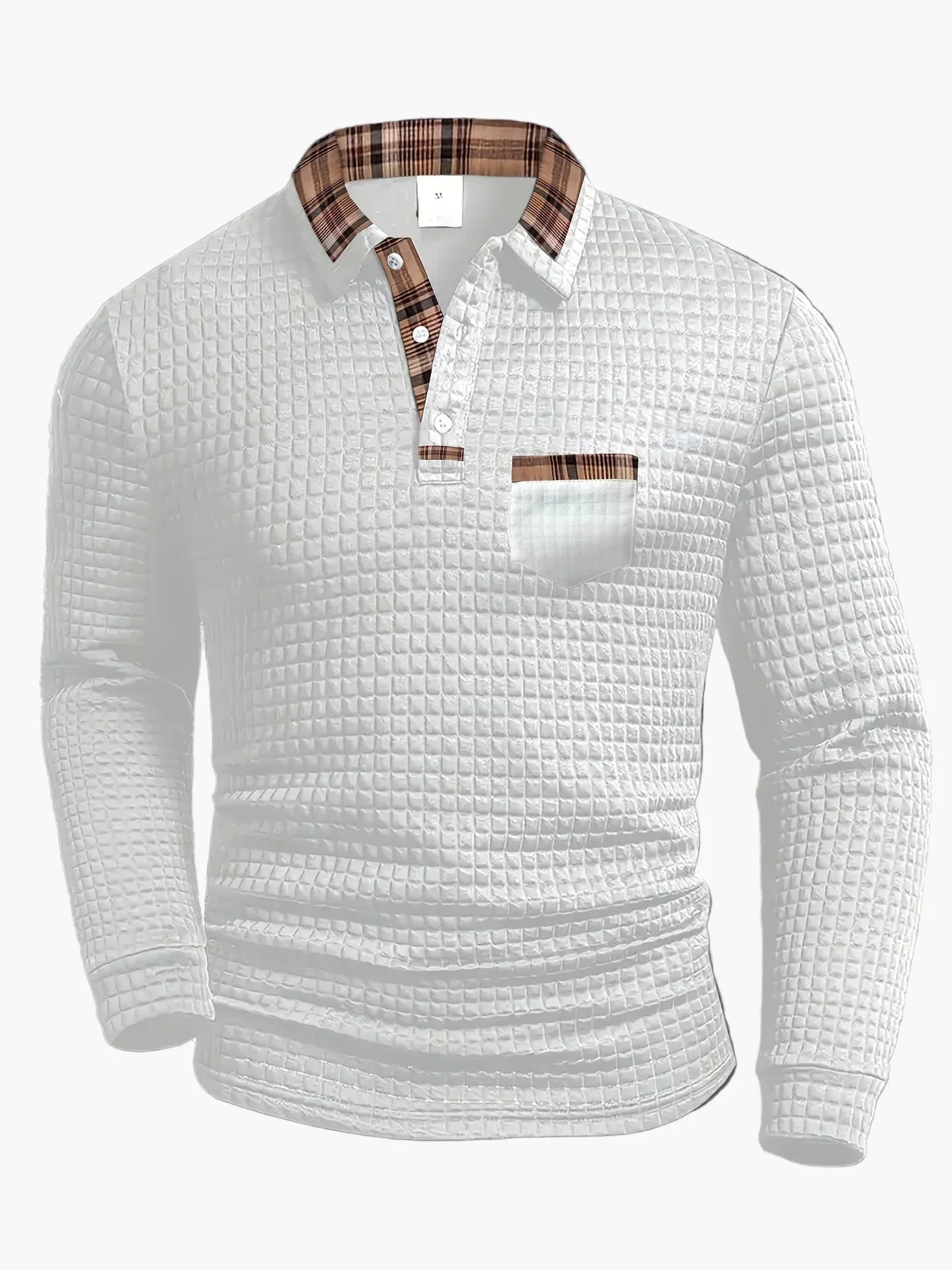 Men's long sleeve navy waffle knit polo shirt with check collar detail for office wear