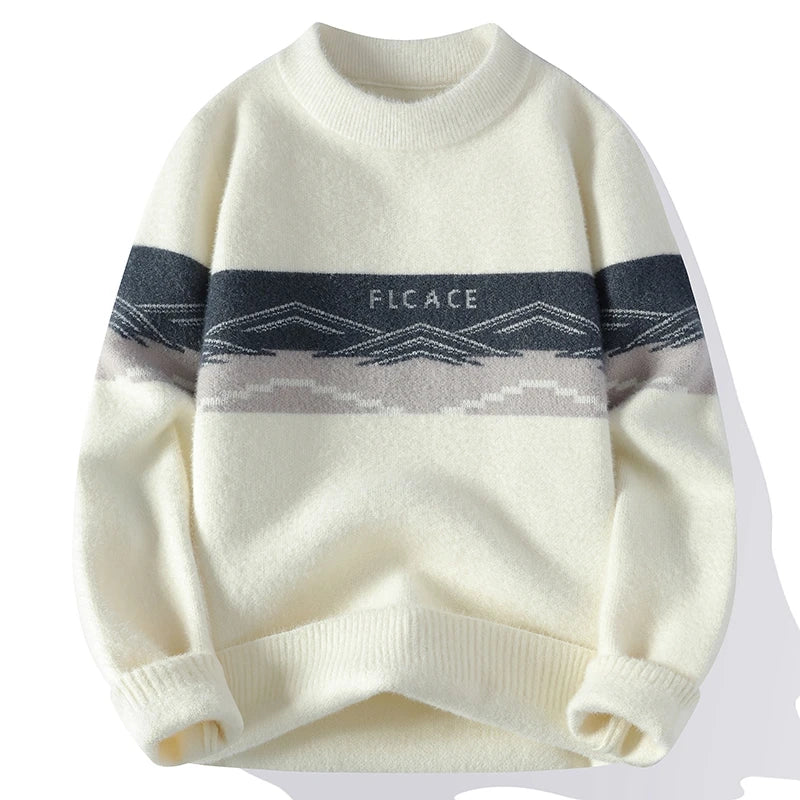 Cream unisex Nordic knit sweater with geometric stripe pattern, cozy winter style