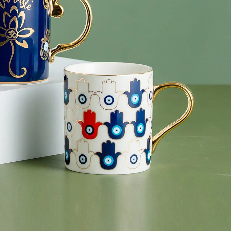 Evil Eye ceramic coffee mug gold trim Turkish craft protection positivity symbol design