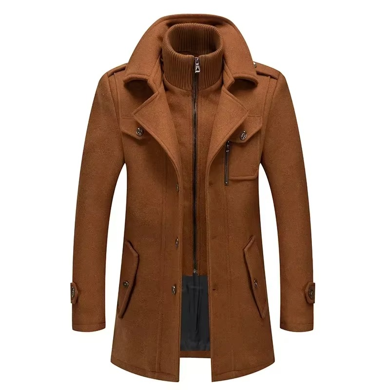 Men premium mid-length wool trench coat double collar zipper overcoat fall winter structured silhouette