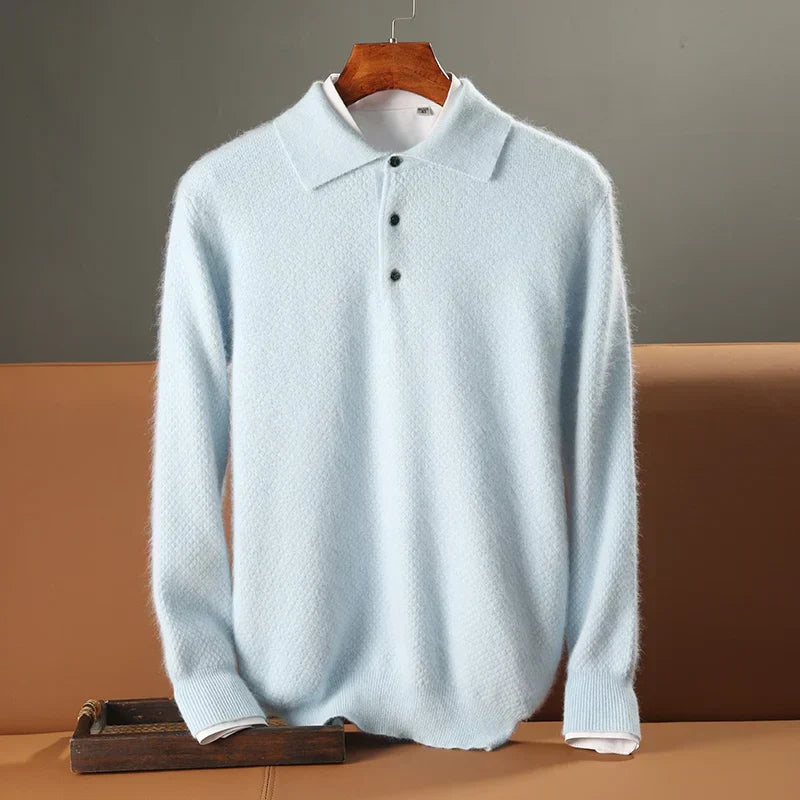 Men's relaxed fit wool polo sweater with ribbed edges and button closure for cozy warmth