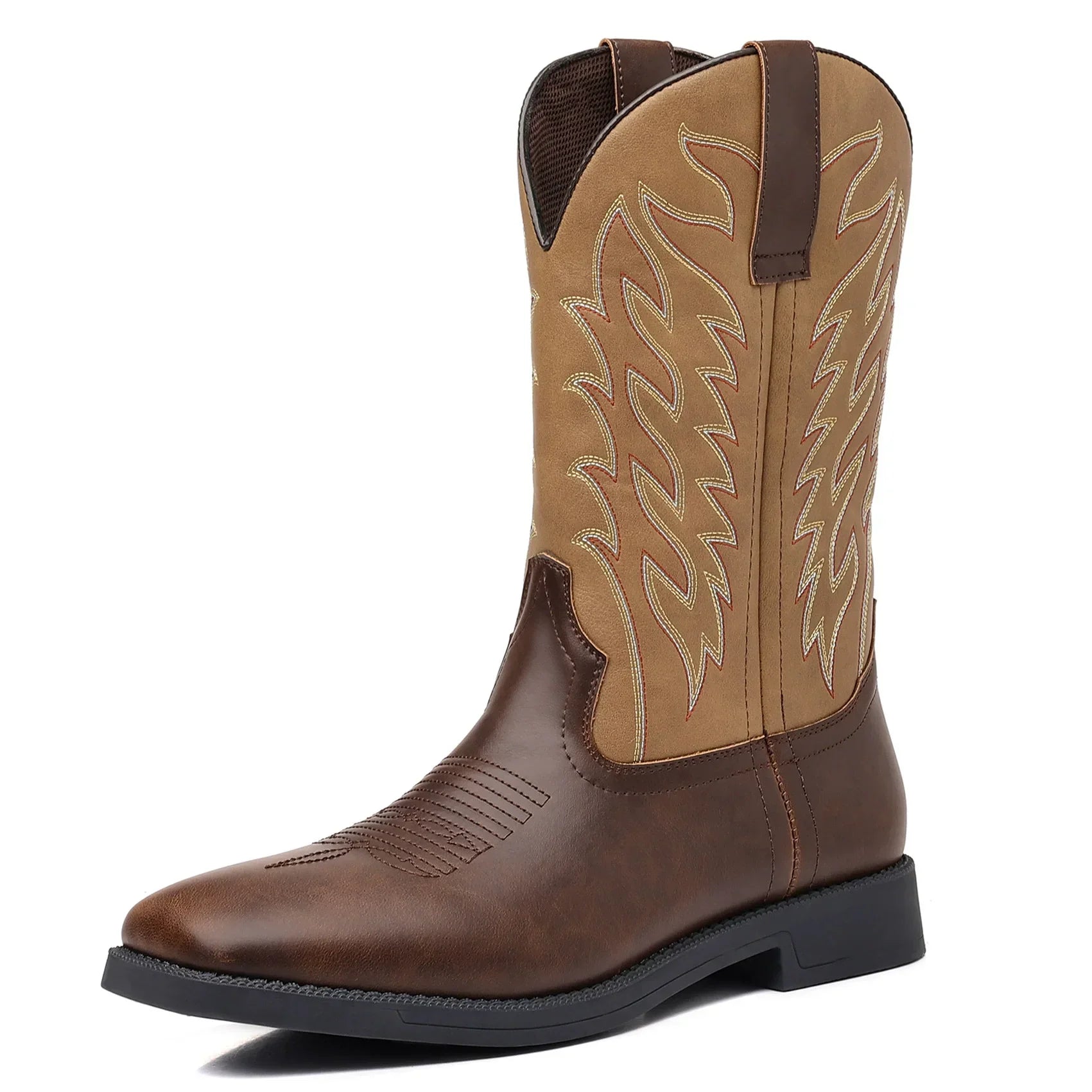Men's brown leather Western cowboy boots with pointed toe and decorative stitched detailing