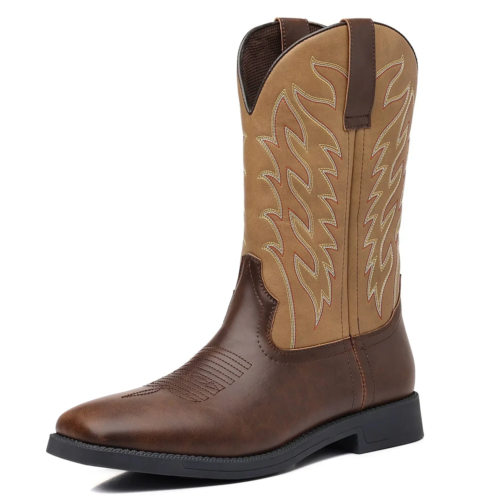 Men's brown leather cowboy boots pointed toe Western style with stitched detailing