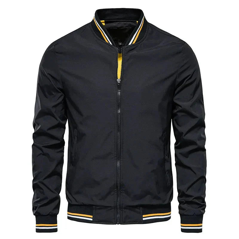 Men's olive green regular fit bomber jacket with ribbed trim and striped accents by Urbann-Vibe