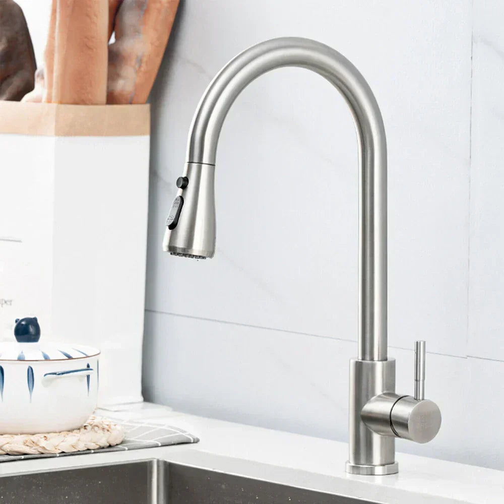 Matte black pull-out kitchen faucet minimalist design stainless steel space-saving modern style