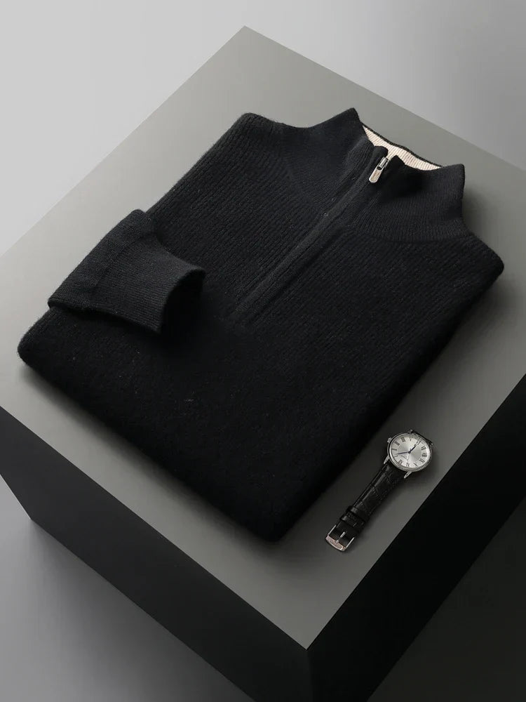 Men's navy merino wool quarter zip pullover with ribbed collar and premium 100% natural insulation