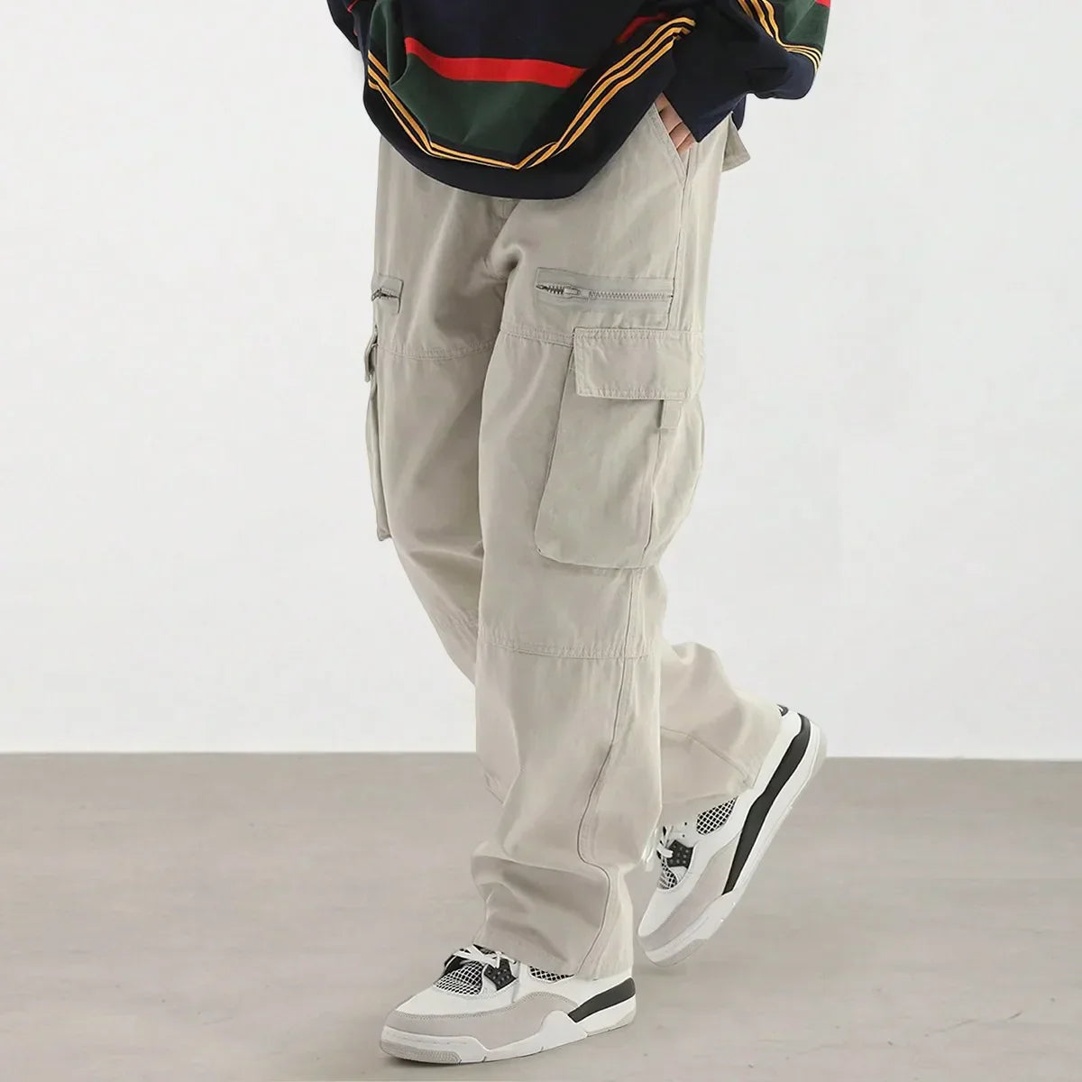 Men's olive cargo pants relaxed fit with spacious flap pockets and adjustable drawstring waist