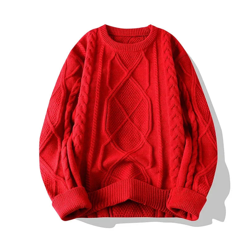 Men's cream relaxed fit cable knit wool sweater with classic textured pattern for cozy everyday style