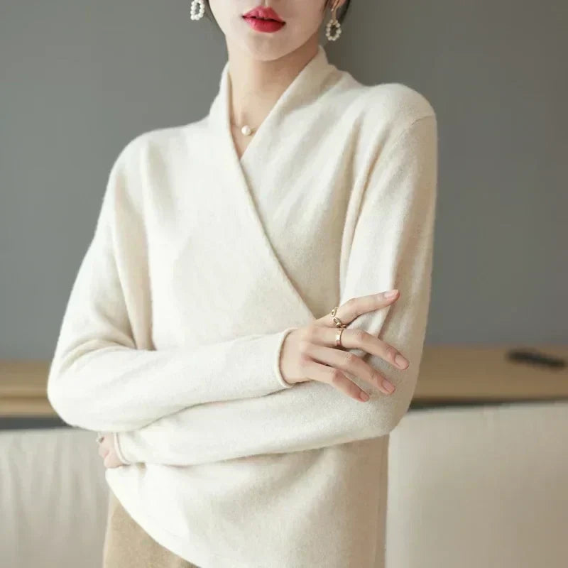 Women's lightweight wrap neck knit top in spring colors, flattering feminine silhouette for everyday chic