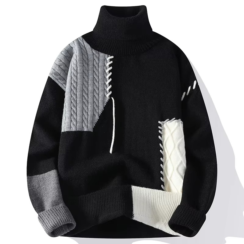 Men's patchwork knit turtleneck sweater casual urban pullover warm autumn winter multicolor blocked