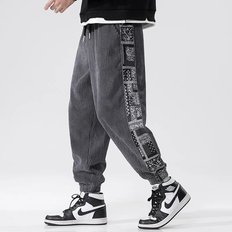 Relaxed fit corduroy sweatpants with paisley bandana side detailing, 90s streetwear inspired